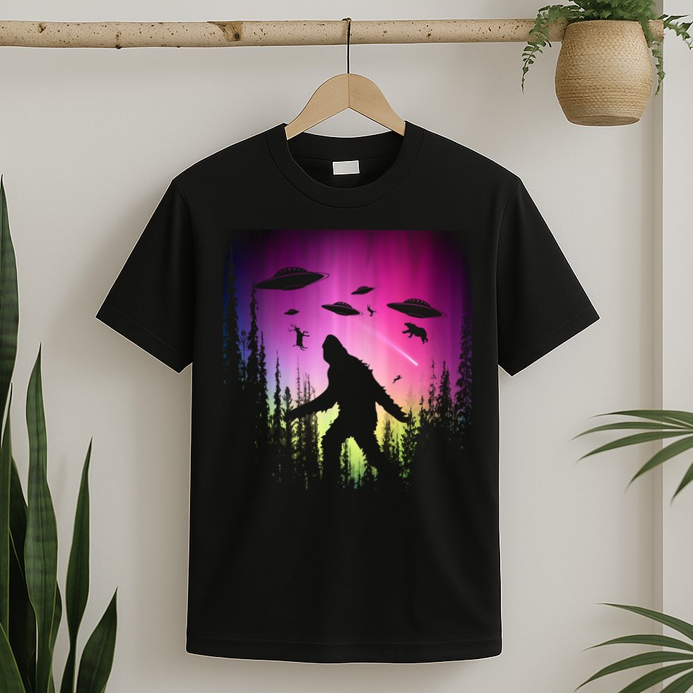 Bigfoot UFOs In Forest T-Shirt