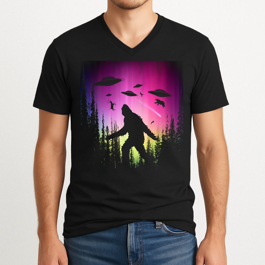 Bigfoot UFOs In Forest V-Neck T-Shirt