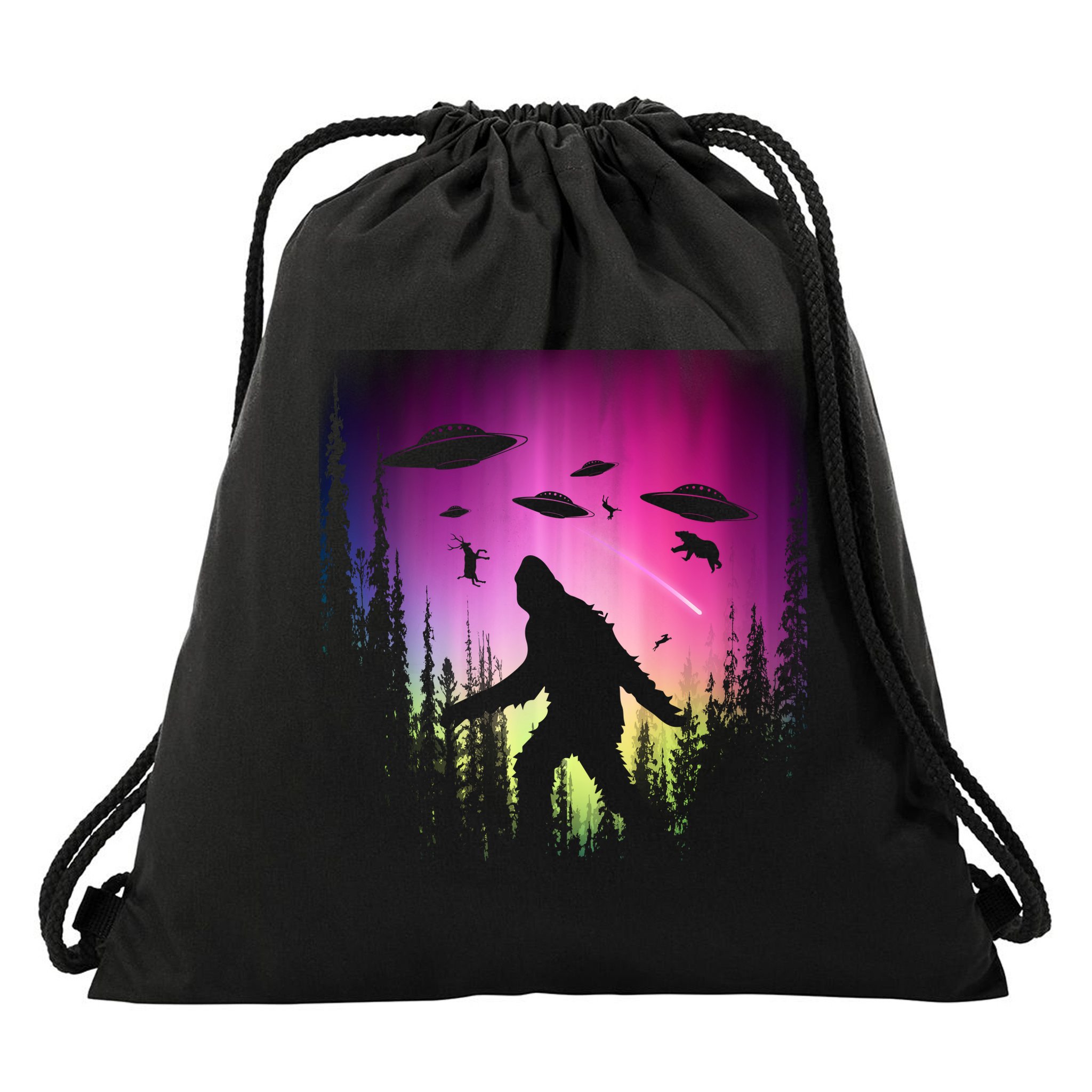 Bigfoot UFOs In Forest Drawstring Bag