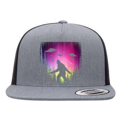 Bigfoot UFOs In Forest Flat Bill Trucker Hat