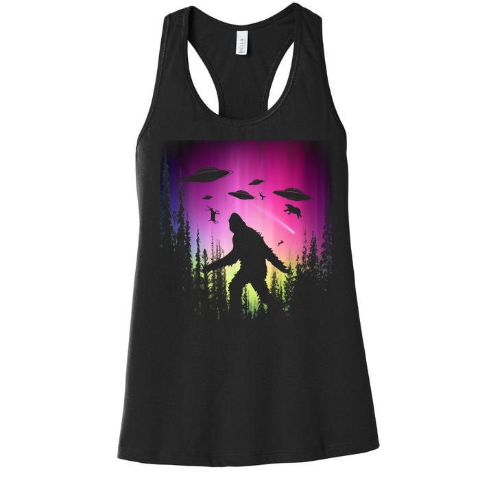 Bigfoot UFOs In Forest Women's Racerback Tank