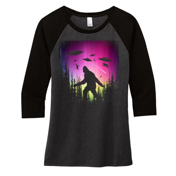 Bigfoot UFOs In Forest Women's Tri-Blend 3/4-Sleeve Raglan Shirt