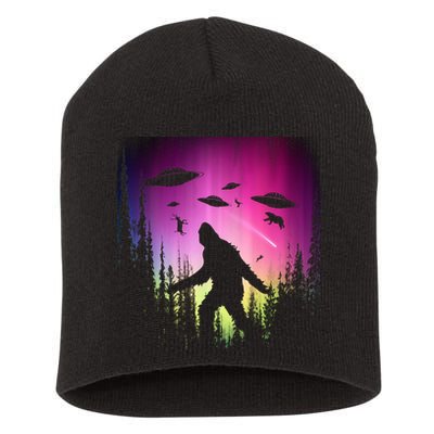 Bigfoot UFOs In Forest Short Acrylic Beanie