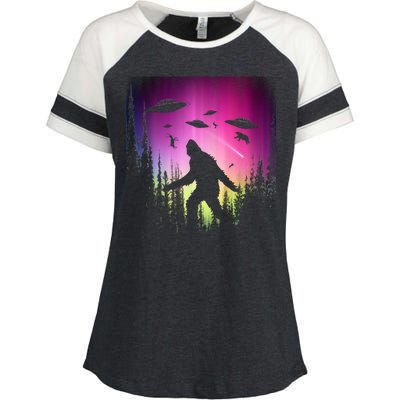 Bigfoot UFOs In Forest Enza Ladies Jersey Colorblock Tee