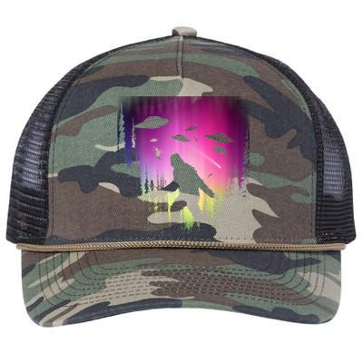 Bigfoot UFOs In Forest Retro Rope Trucker Hat Cap