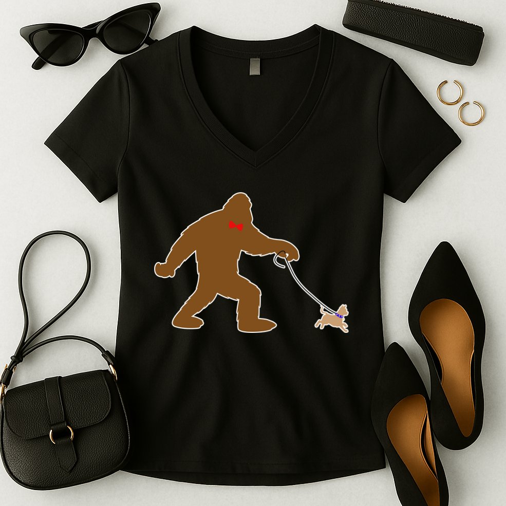 Bigfoot Walking Chihuahua Dog Women's V-Neck T-Shirt