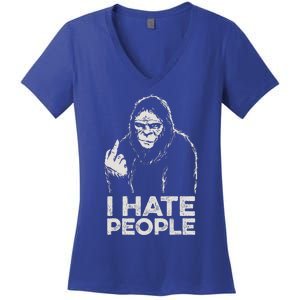 Bigfoot I Hate People Sasquatch Middle Finger Women's V-Neck T-Shirt