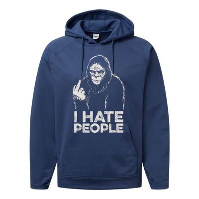 Bigfoot I Hate People Sasquatch Middle Finger Performance Fleece Hoodie