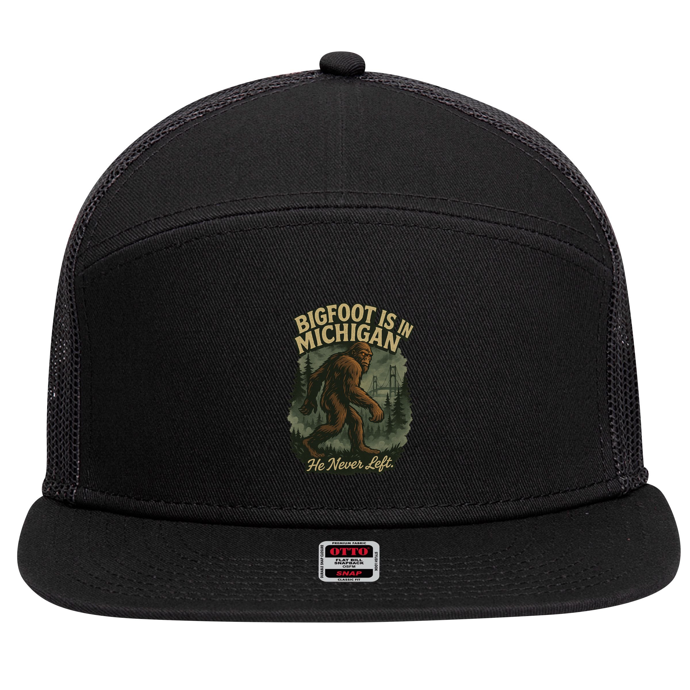 Bigfoot Is In Michigan 7 Panel Mesh Trucker Snapback Hat