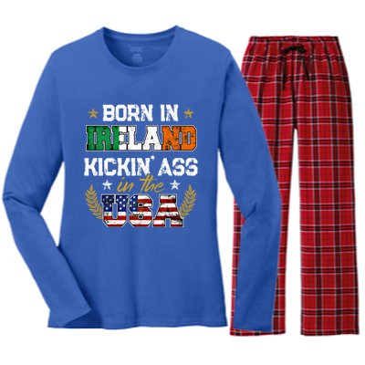 Born In Ireland Patriotic Usa Irish Roots Immigrant Expat Gift Women's Long Sleeve Flannel Pajama Set 