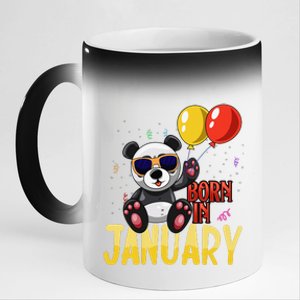 Born In January Birthday or Birth Month Panda with Balloons 11oz Black Color Changing Mug