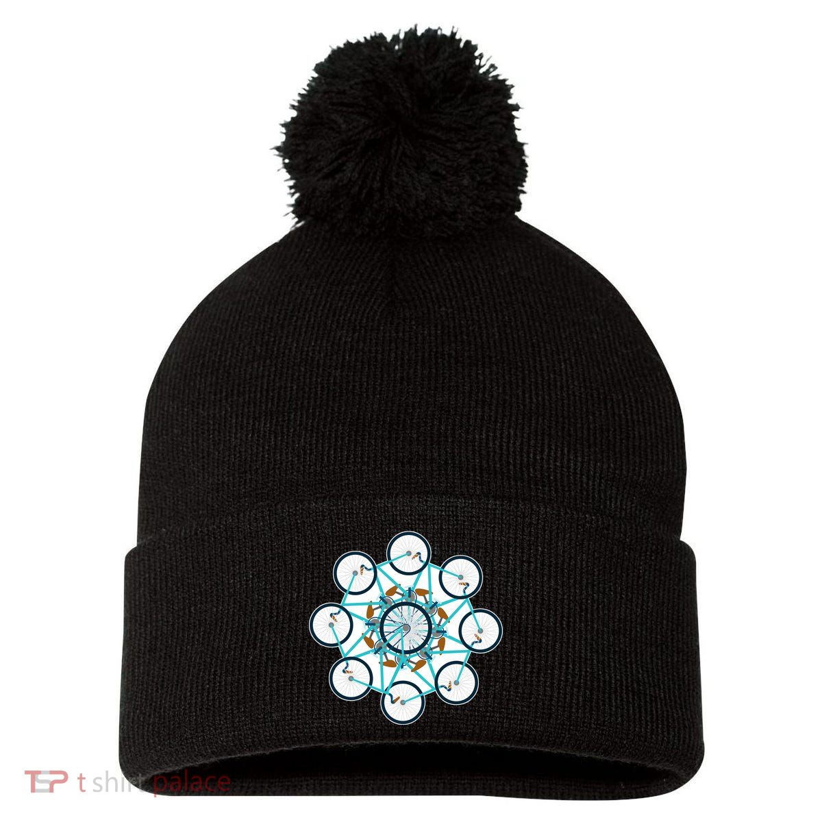 Bike Cycling Pattern Pom Pom 12in Knit Beanie