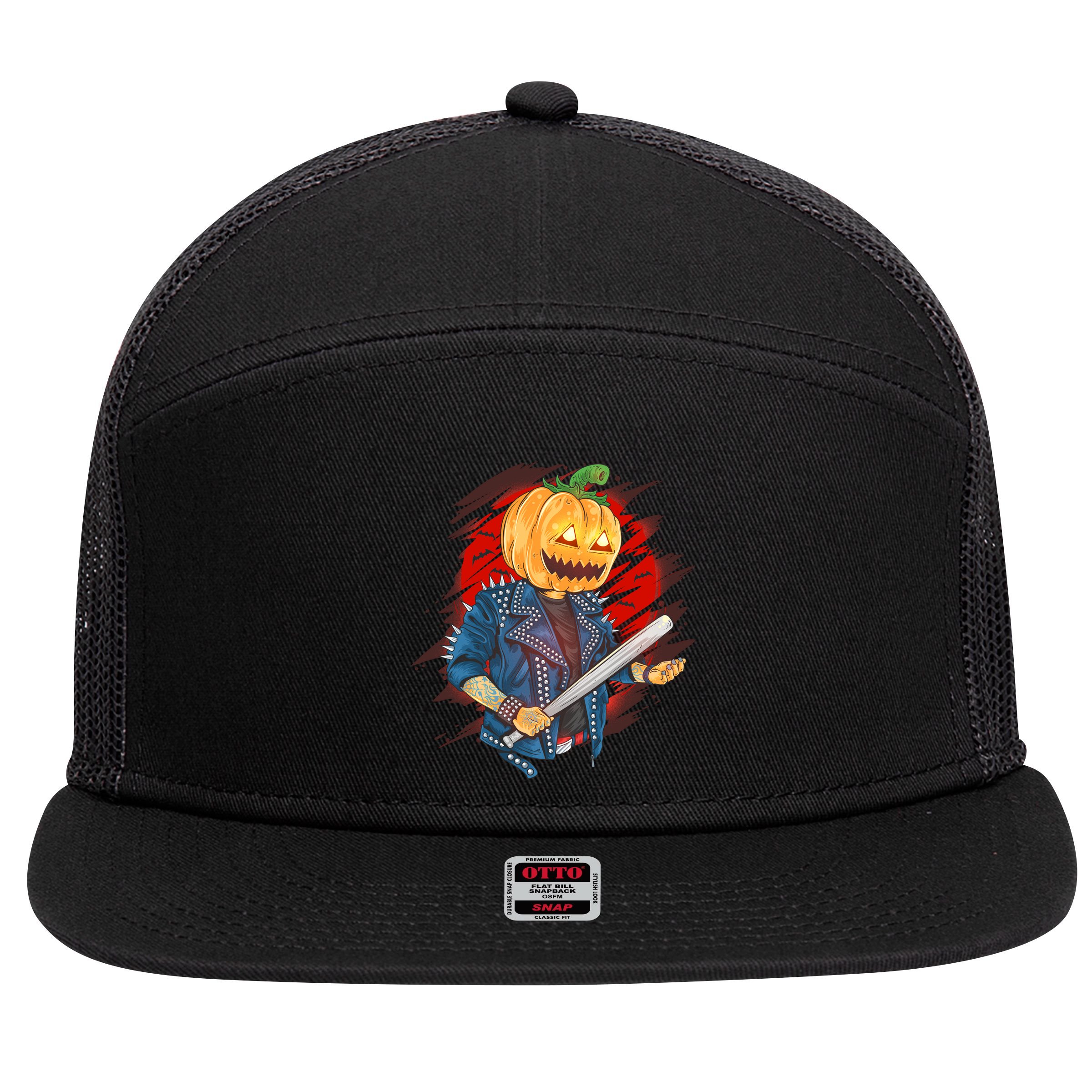 Biker Pumpkin Cool Halloween 7 Panel Mesh Trucker Snapback Hat