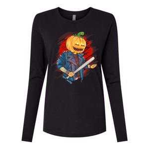 Biker Pumpkin Cool Halloween Womens Cotton Relaxed Long Sleeve T-Shirt