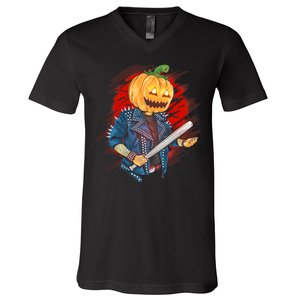 Biker Pumpkin Cool Halloween V-Neck T-Shirt