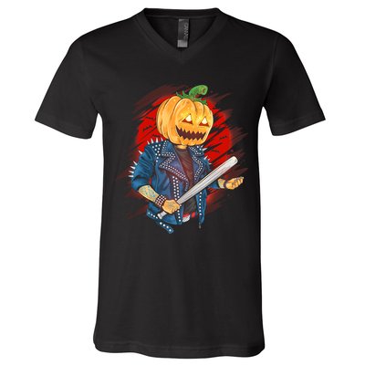 Biker Pumpkin Cool Halloween V-Neck T-Shirt