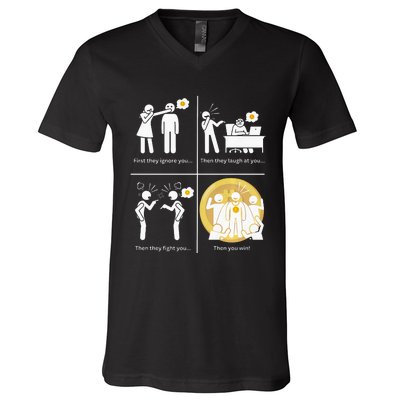 Bitcoin Ignore Laugh Fight And Win! V-Neck T-Shirt