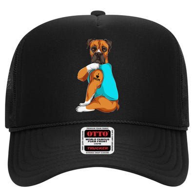 Boxer I Love Mom Tattoo Apparel Dog Mom Gifts High Crown Mesh Back Trucker Hat