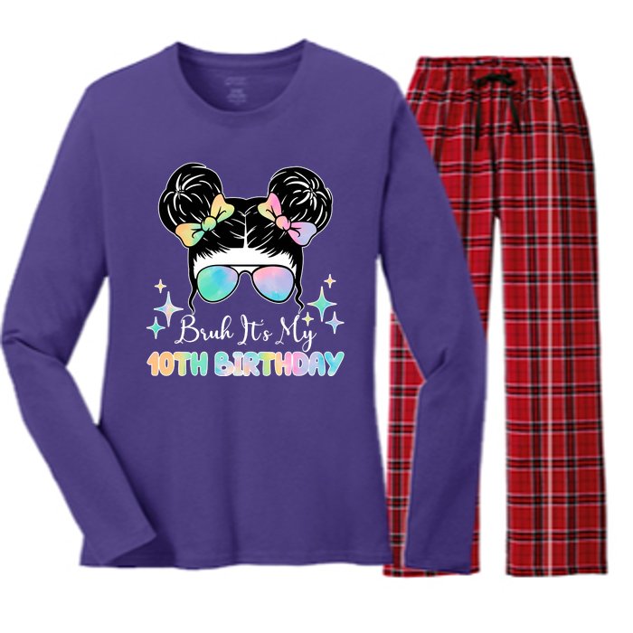 Bruh Its My 10th Birthday Colorful Hair Bun Women's Long Sleeve Flannel Pajama Set 