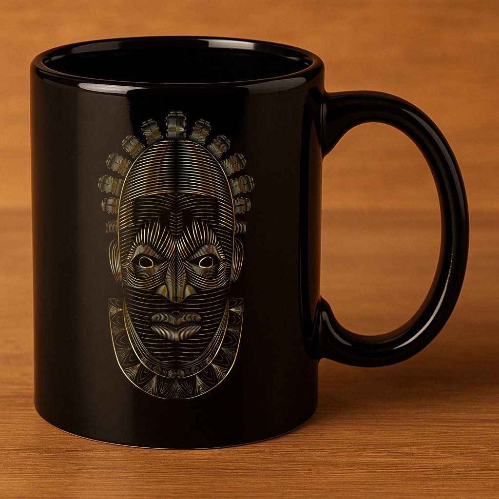 Benin Ivory Mask Gold 11oz C Handle Ceramic Mug