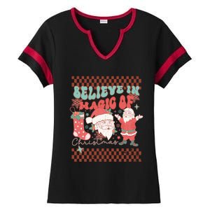 Believe In Magic Of Christmas Groovy Retro Christmas Santa Funny Gift Ladies Halftime Notch Neck Tee