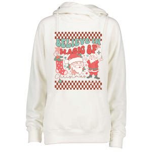 Believe In Magic Of Christmas Groovy Retro Christmas Santa Funny Gift Womens Funnel Neck Pullover Hood