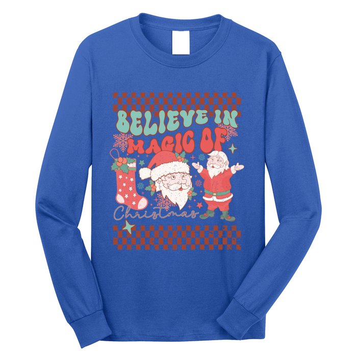 Believe In Magic Of Christmas Groovy Retro Christmas Santa Funny Gift Long Sleeve Shirt