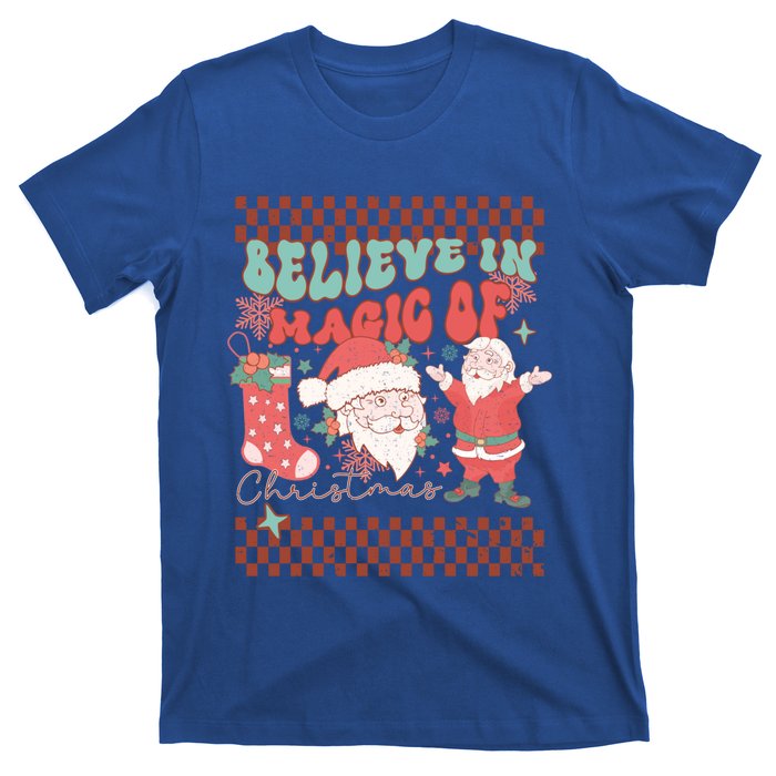 Believe In Magic Of Christmas Groovy Retro Christmas Santa Funny Gift T-Shirt