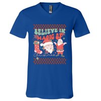 Believe In Magic Of Christmas Groovy Retro Christmas Santa Funny Gift V-Neck T-Shirt