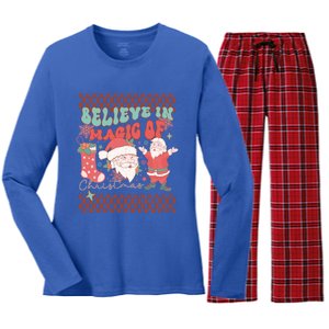 Believe In Magic Of Christmas Groovy Retro Christmas Santa Funny Gift Women's Long Sleeve Flannel Pajama Set 