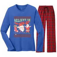 Believe In Magic Of Christmas Groovy Retro Christmas Santa Funny Gift Women's Long Sleeve Flannel Pajama Set 