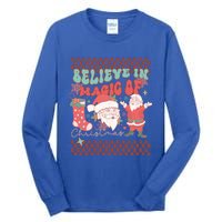 Believe In Magic Of Christmas Groovy Retro Christmas Santa Funny Gift Tall Long Sleeve T-Shirt