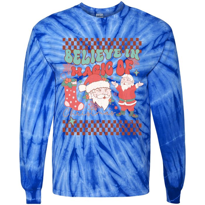 Believe In Magic Of Christmas Groovy Retro Christmas Santa Funny Gift Tie-Dye Long Sleeve Shirt