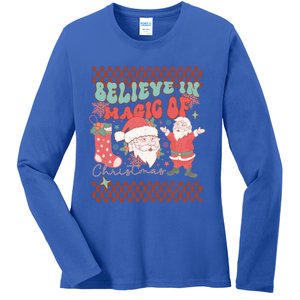 Believe In Magic Of Christmas Groovy Retro Christmas Santa Funny Gift Ladies Long Sleeve Shirt