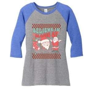 Believe In Magic Of Christmas Groovy Retro Christmas Santa Funny Gift Women's Tri-Blend 3/4-Sleeve Raglan Shirt