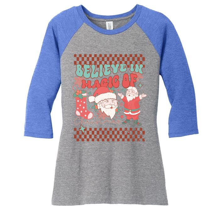 Believe In Magic Of Christmas Groovy Retro Christmas Santa Funny Gift Women's Tri-Blend 3/4-Sleeve Raglan Shirt