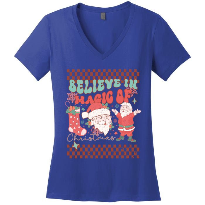 Believe In Magic Of Christmas Groovy Retro Christmas Santa Funny Gift Women's V-Neck T-Shirt