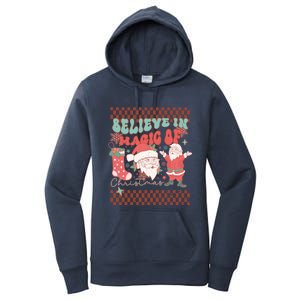 Believe In Magic Of Christmas Groovy Retro Christmas Santa Funny Gift Women's Pullover Hoodie