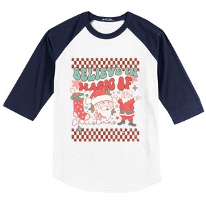 Believe In Magic Of Christmas Groovy Retro Christmas Santa Funny Gift Baseball Sleeve Shirt