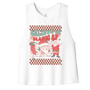 Believe In Magic Of Christmas Groovy Retro Christmas Santa Funny Gift Women's Racerback Cropped Tank