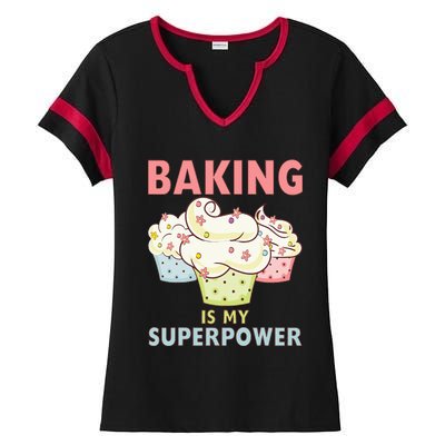 BAKING IS MY SUPERPOWER 3 Sweet Cupcakes Holidays Baker Gift Ladies Halftime Notch Neck Tee