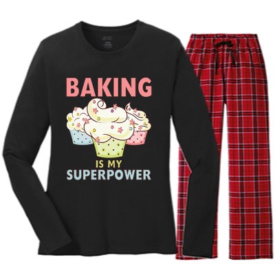 BAKING IS MY SUPERPOWER 3 Sweet Cupcakes Holidays Baker Gift Women's Long Sleeve Flannel Pajama Set 