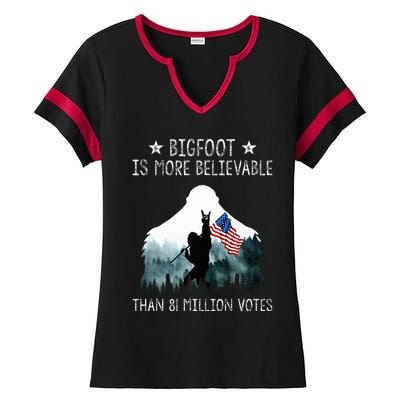 Bigfoot is More Believable Than 81 Million Votes USA Flag Ladies Halftime Notch Neck Tee