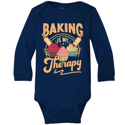 Baking Is My Therapy Funny Cake Bakers Pastry Chef Cupcakes Cool Gift Baby Long Sleeve Bodysuit