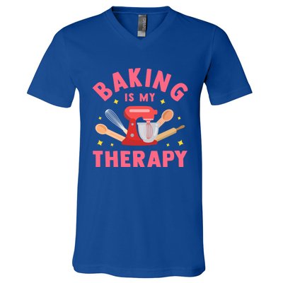 Baking Is My Therapy Funny Cooking Baker Bakery Pastry Funny Gift Meaningful Gif V-Neck T-Shirt