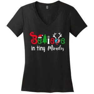 Believe In Magic Of Tiny Mistletoes NICU Nurse Christmas Women's V-Neck T-Shirt