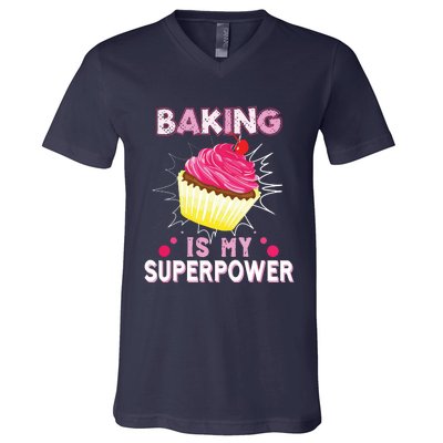 BAKING IS MY SUPERPOWER 3 Sweet Cupcakes Holidays Baker Gift V-Neck T-Shirt