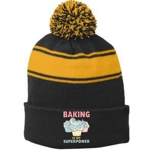 BAKING IS MY SUPERPOWER 3 Sweet Cupcakes Holidays Baker Gift Stripe Pom Pom Beanie