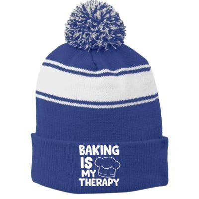 Baking Is My Therapy Cook Hat Funny Bakers Gift Stripe Pom Pom Beanie