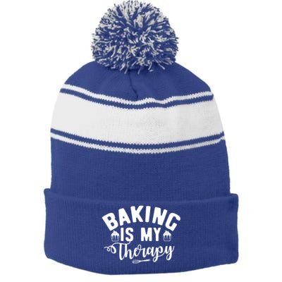 Baking Is My Therapy Pastry Cook Funny Baker Gift Stripe Pom Pom Beanie